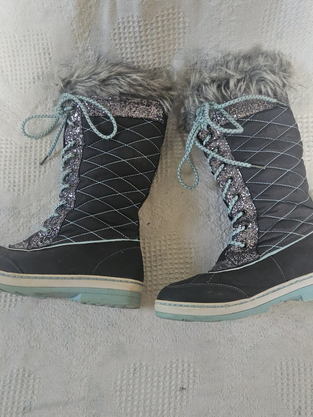 Justice Black / Grey Winter Boots with Mint Green Laces and Faux Fur Cuff